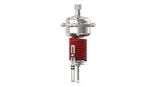 Danfoss Überströmregler mit Metallgehäuse und roter Druckfeder. Vertikale Bauform, geeignet für DN65-125 Anwendungen.